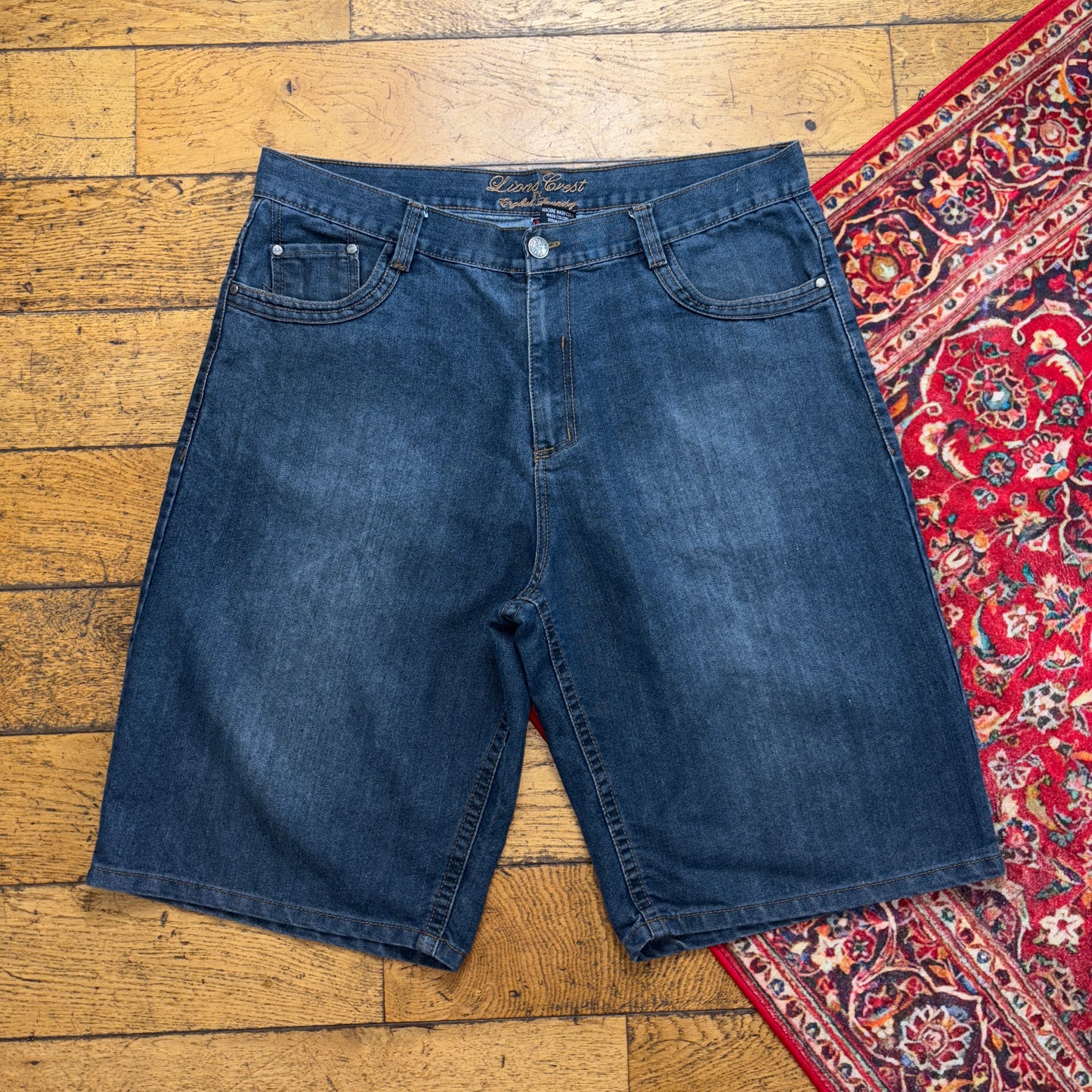 Vintage Lions Crest Blue Embroidered Y2K Hip Hop Baggy Jeans Shorts Jorts - 40