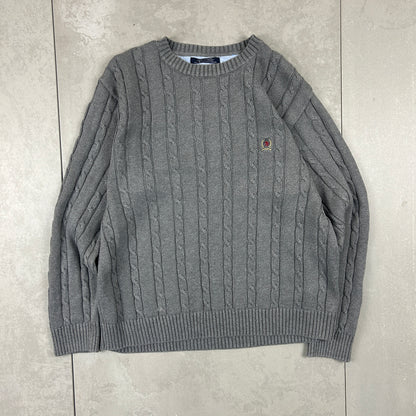 Vintage Tommy Hilfiger Chunky Cable Knit Grey Fisherman Jumper - L