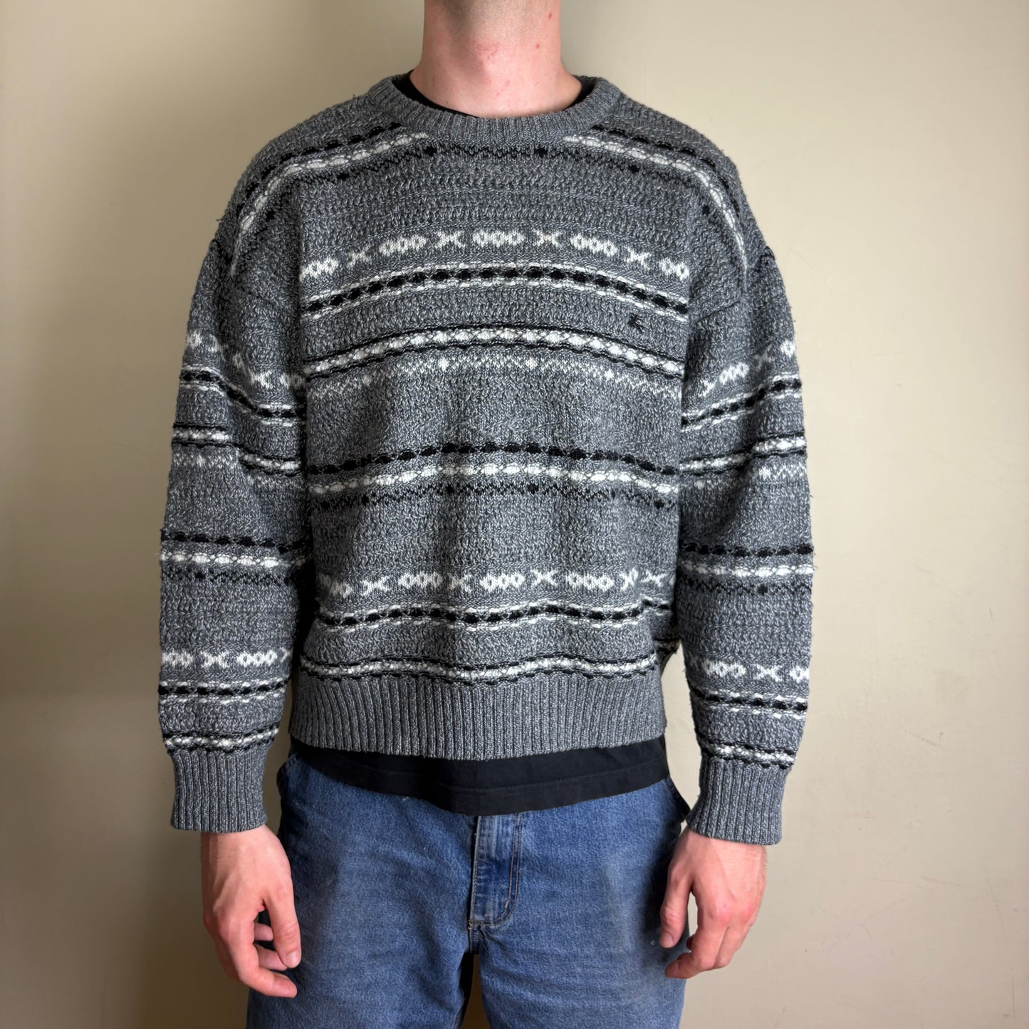 Vintage Burberry Grey Wool Pattern Boxy Chunky Knit Jumper - L