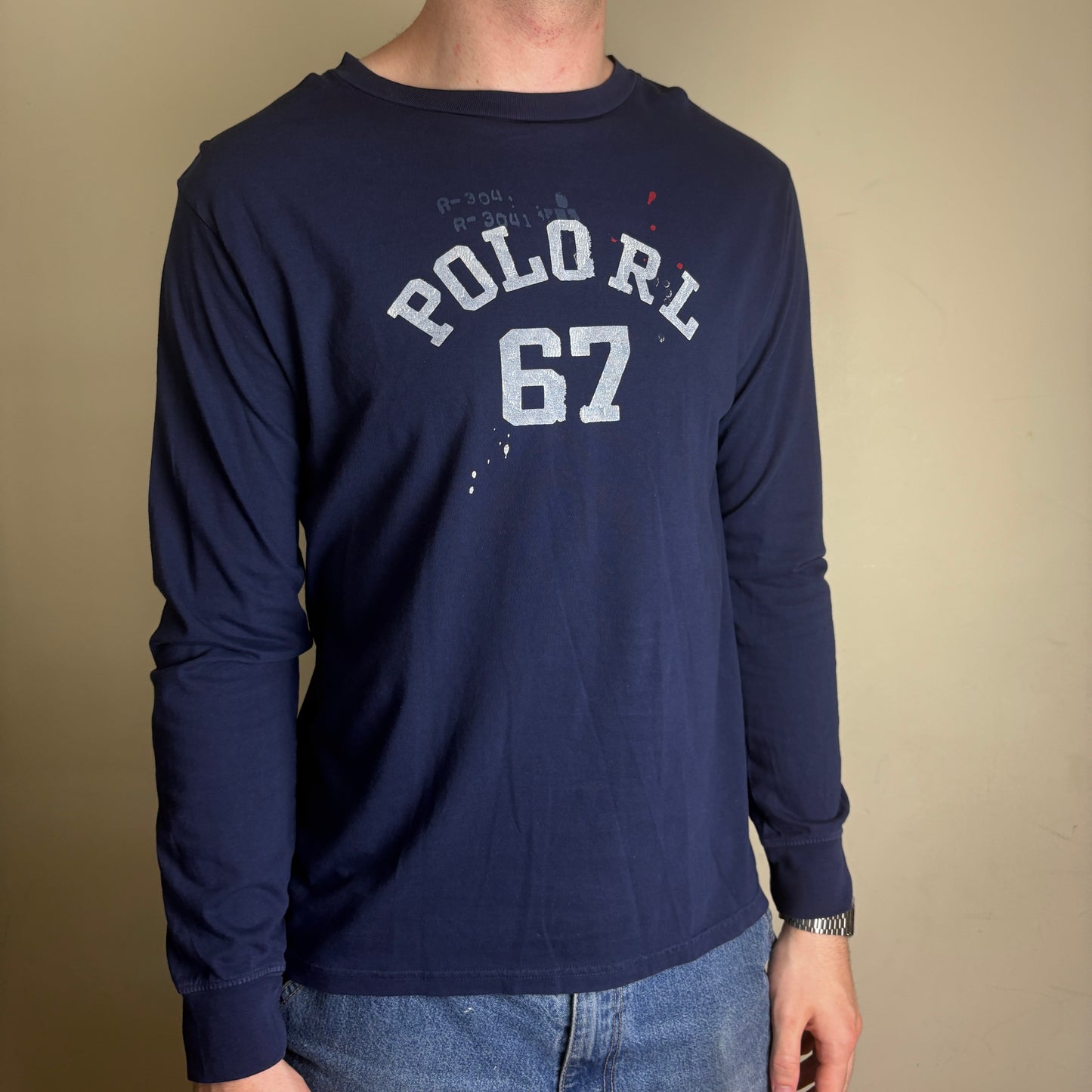 Vintage Ralph Lauren Navy Long Sleeve Graphic T-Shirt - Womens XL/Mens S