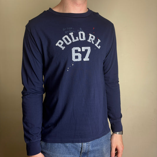 Vintage Ralph Lauren Navy Long Sleeve Graphic T-Shirt - Womens XL/Mens S