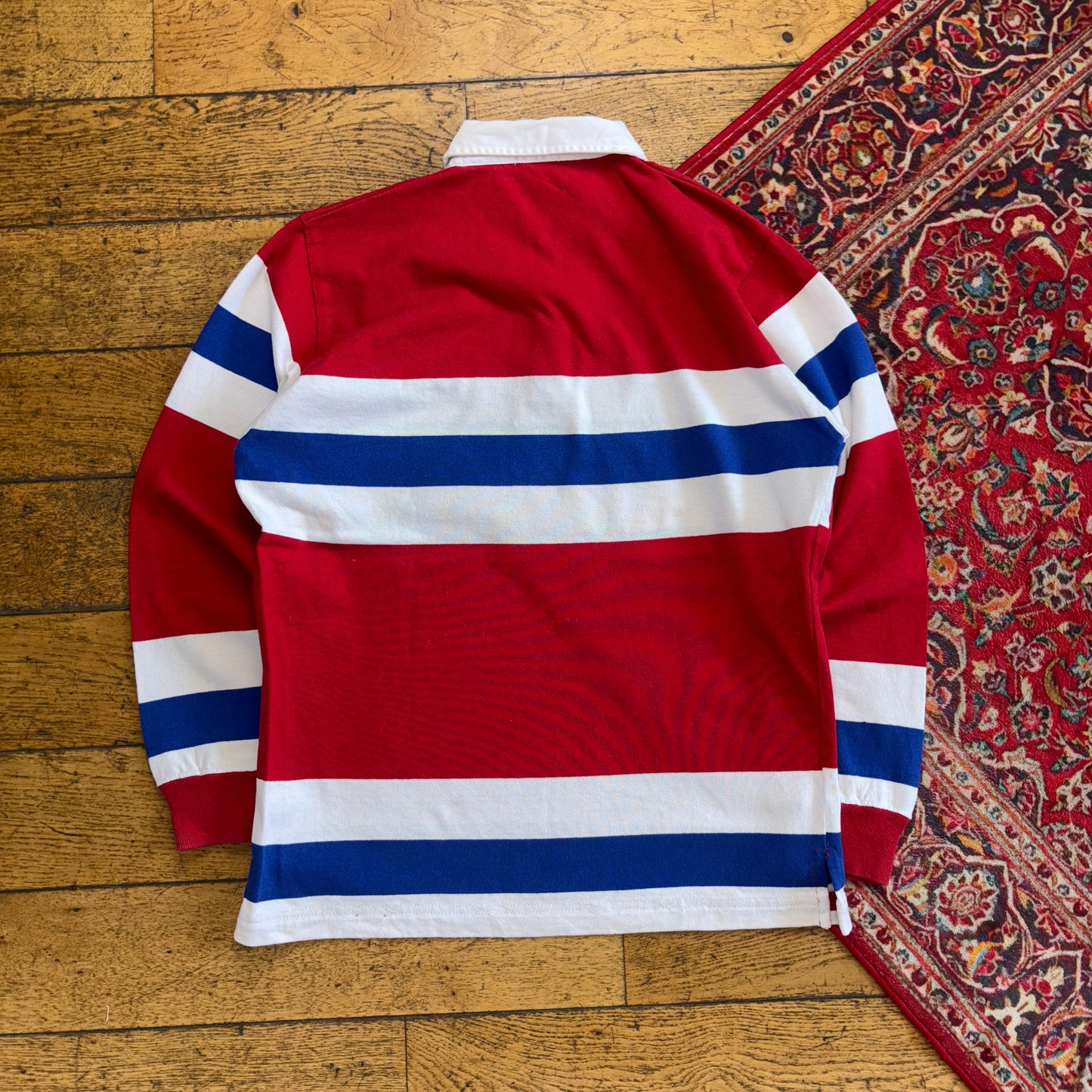 Vintage Polo Sport Ralph Lauren Red Blue Stripe Embroidered Rugby Polo Shirt - M