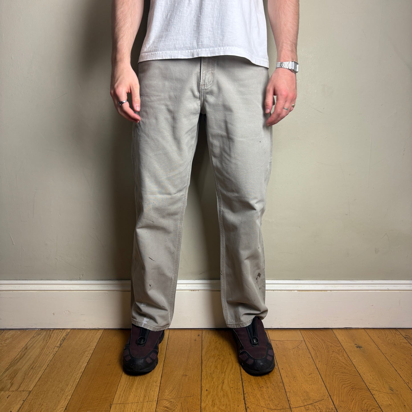Vintage Carhartt Cream Light Brown Workwear Carpenter Baggy Trousers - 33R