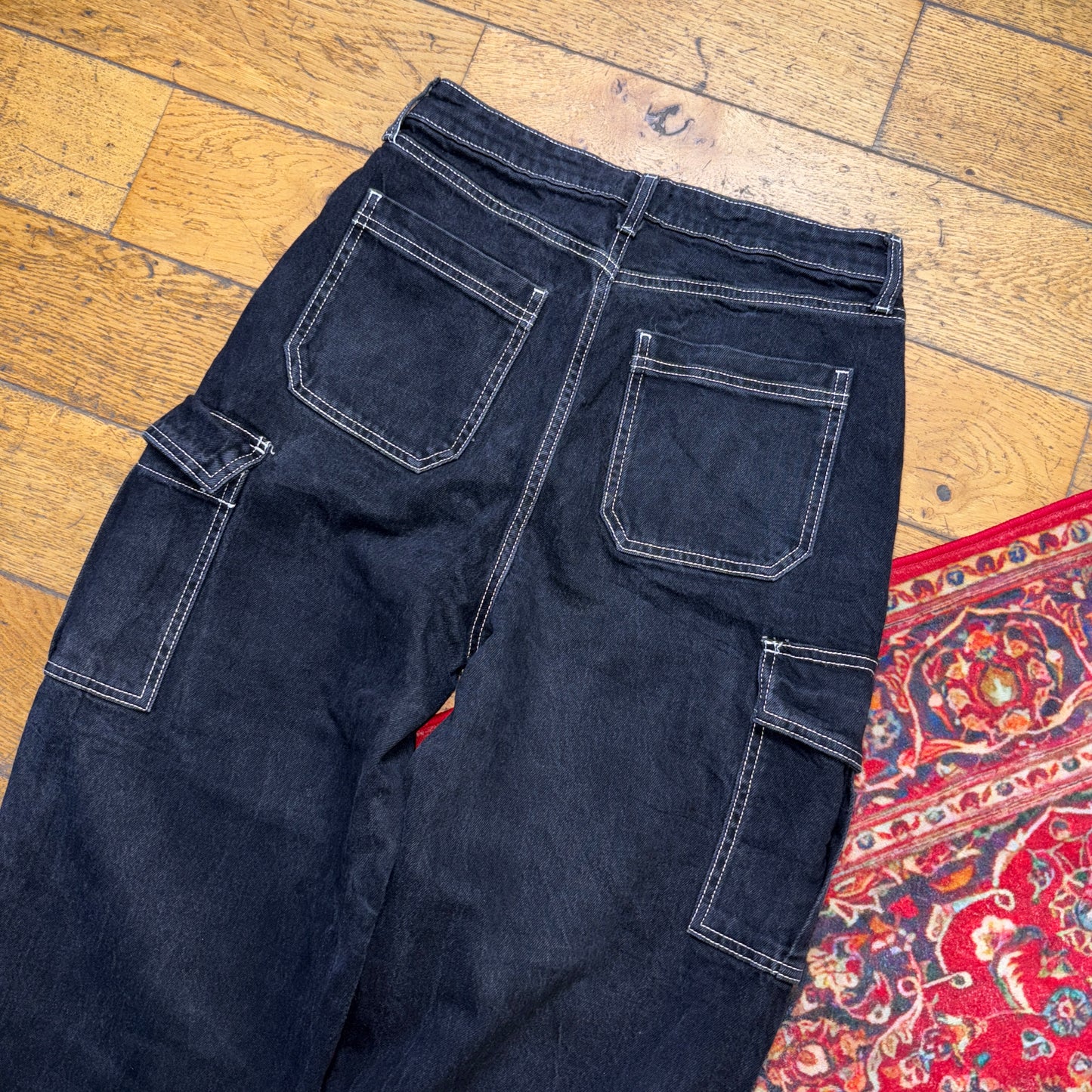 Vintage Black Contrast Stitch Carpenter Workwear Baggy Trousers - 30S