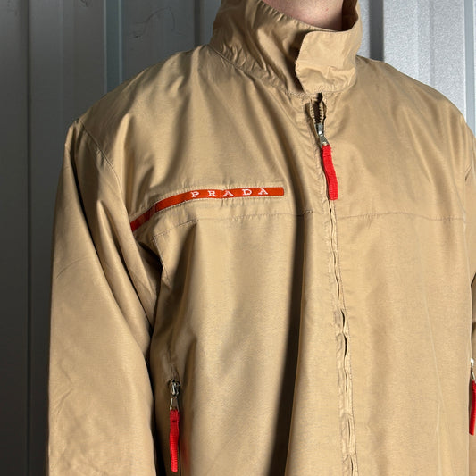 Vintage Prada Brown Cream 00s Funnel Neck Harrington Jacket - XL