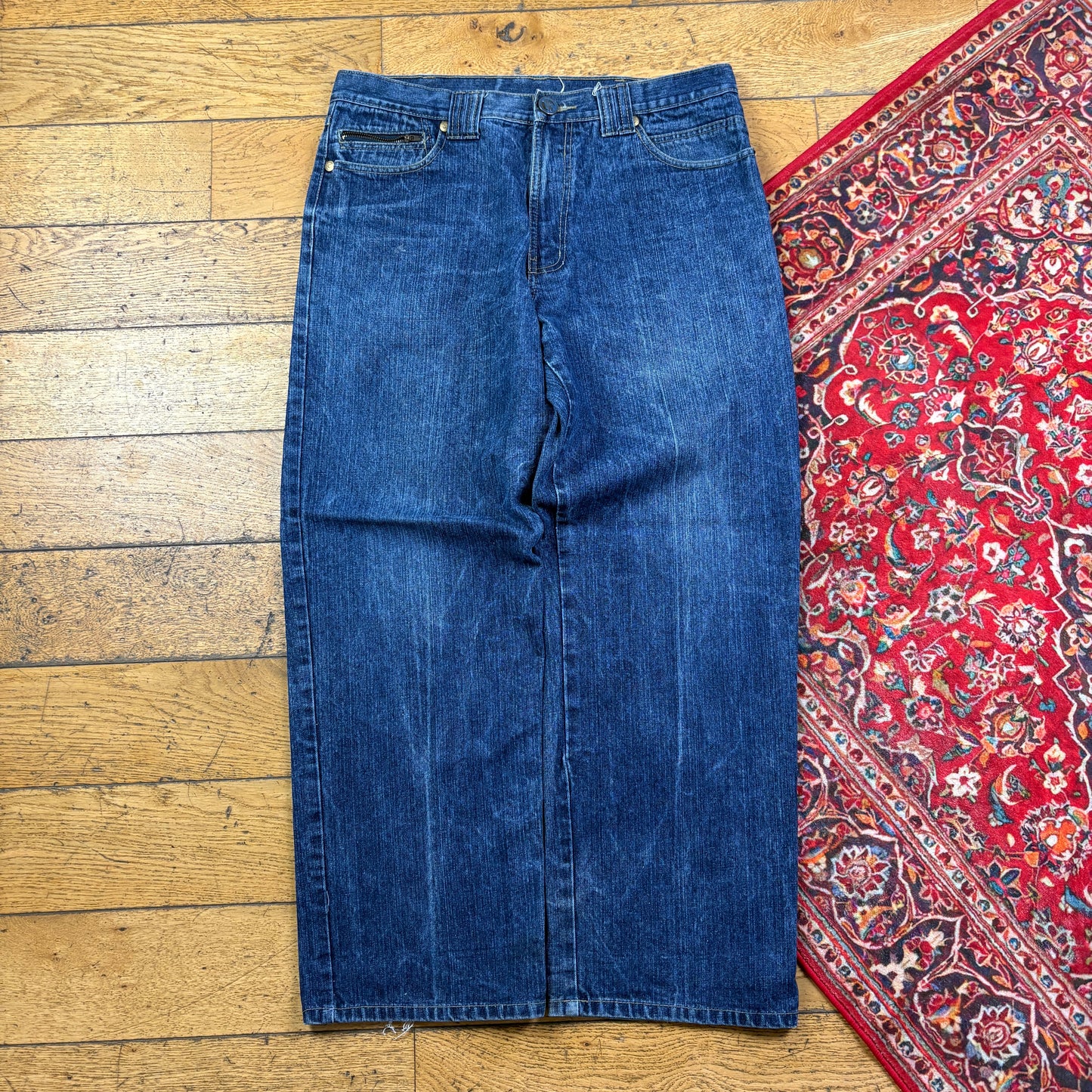 Vintage Blue Skull Embroidered Y2K Hip Hop Baggy Jeans - 36