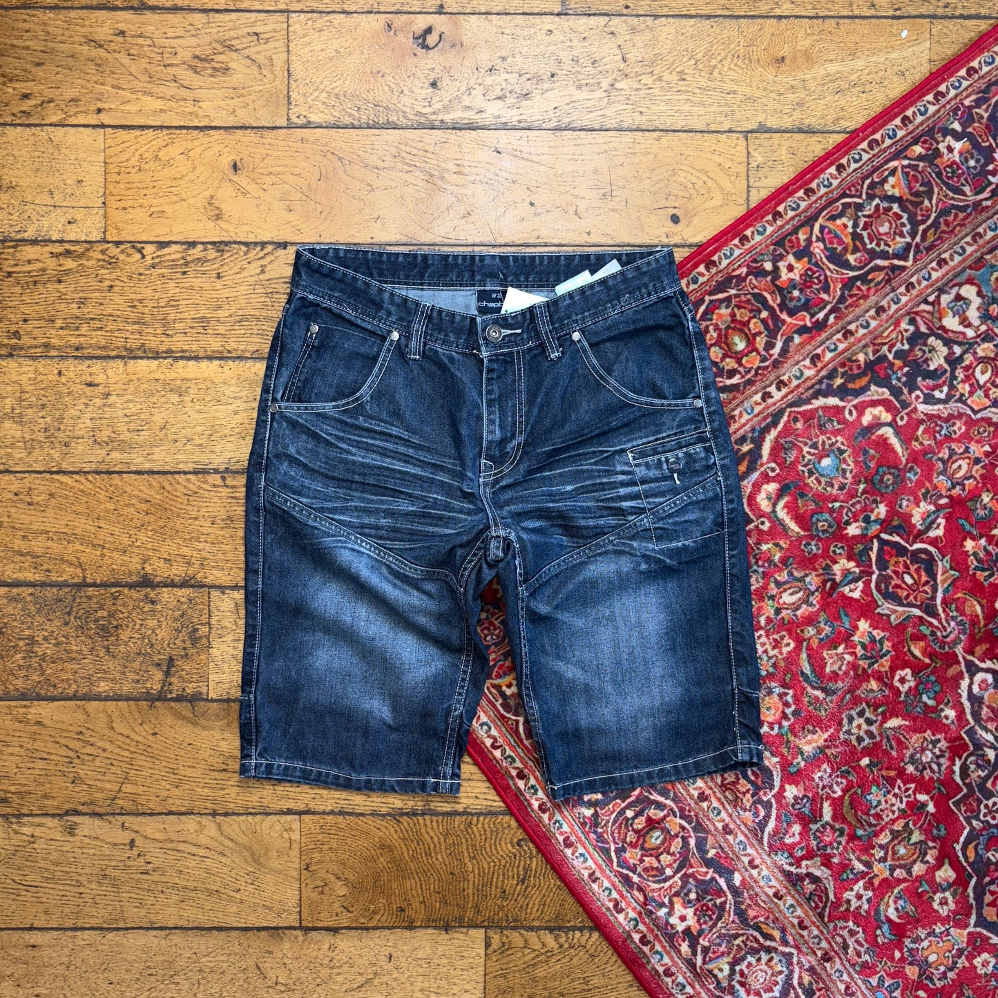 Vintage Blue Double Knee Denim Shorts - 34