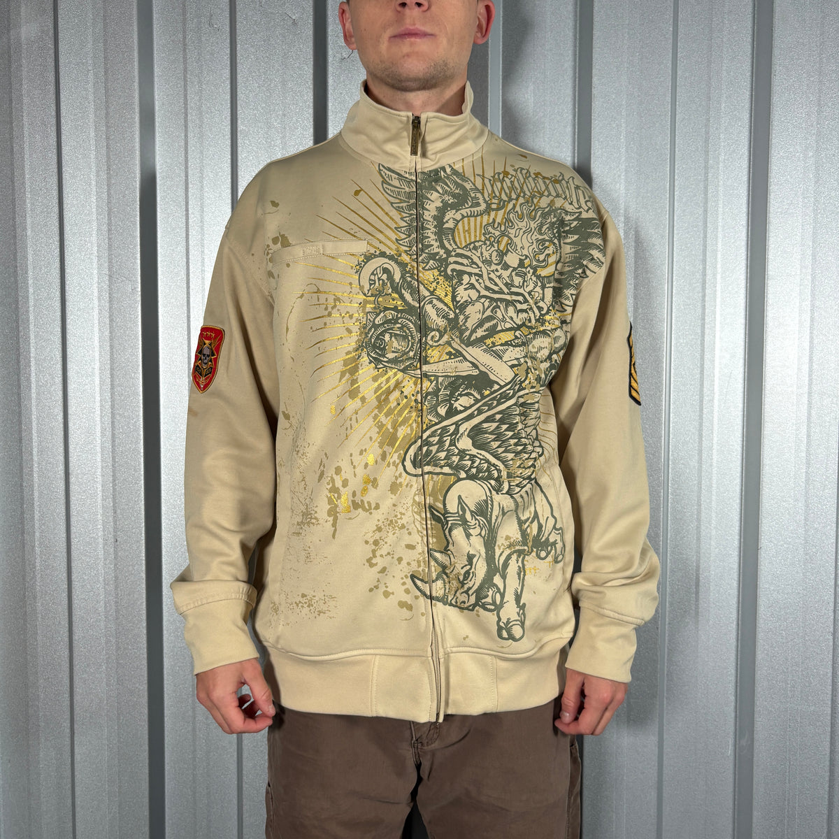 Ecko Unltd Cream Zip Up Y2K Embroidered Hip Hop Sweatshirt - L