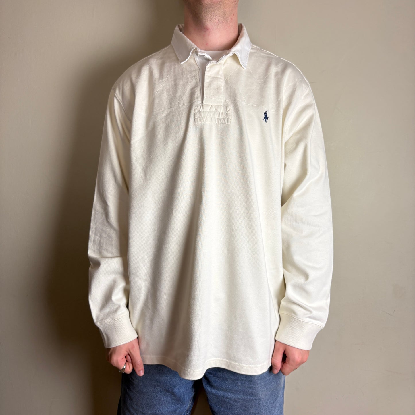 Vintage Ralph Lauren White Cream Long Sleeve Rugby Polo Shirt - 2XL
