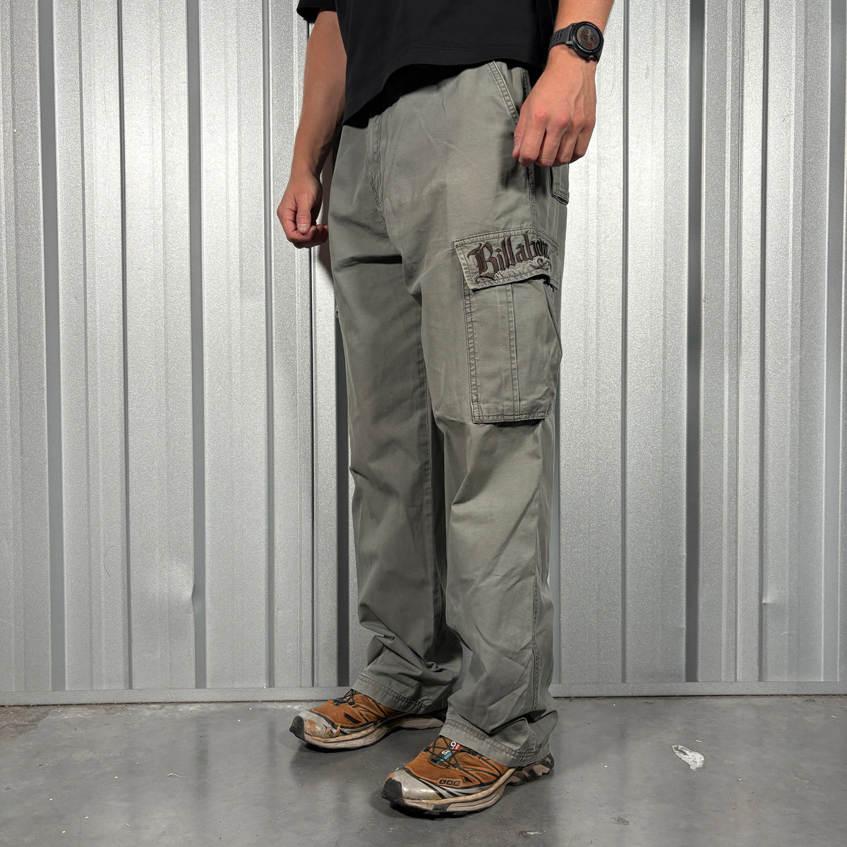 Billabong Green Grey Embroidered Surfwear Baggy Cargo Y2K Trousers - 36R