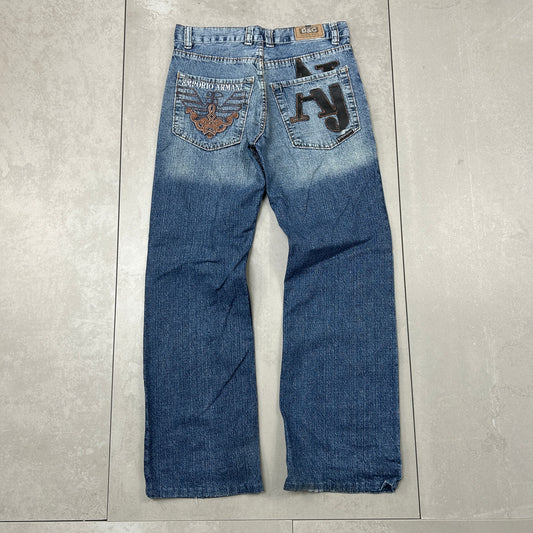 Vintage Embroidered Hip Hop Baggy Blue Jeans - 31