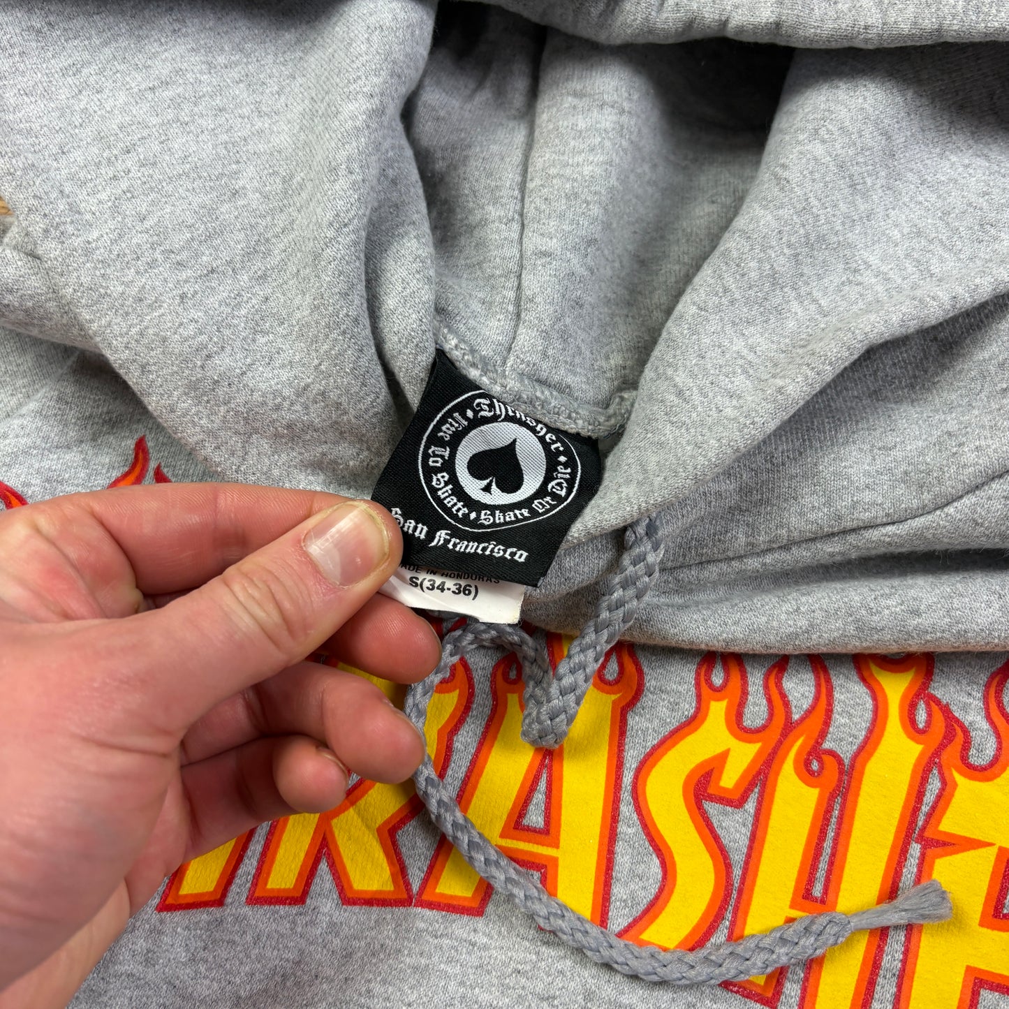 Vintage Thrasher Flames Grey Skate Hoodie Sweatshirt - S