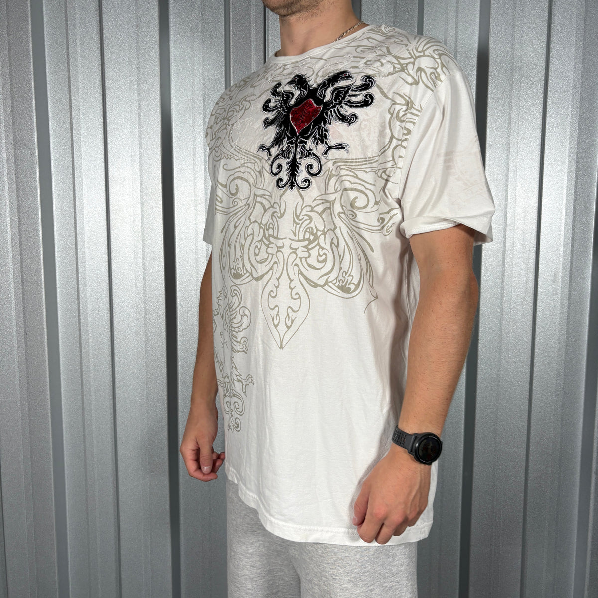 Urban Couture White Rhinestone Y2K Grunge Hip Hop T Shirt - XL