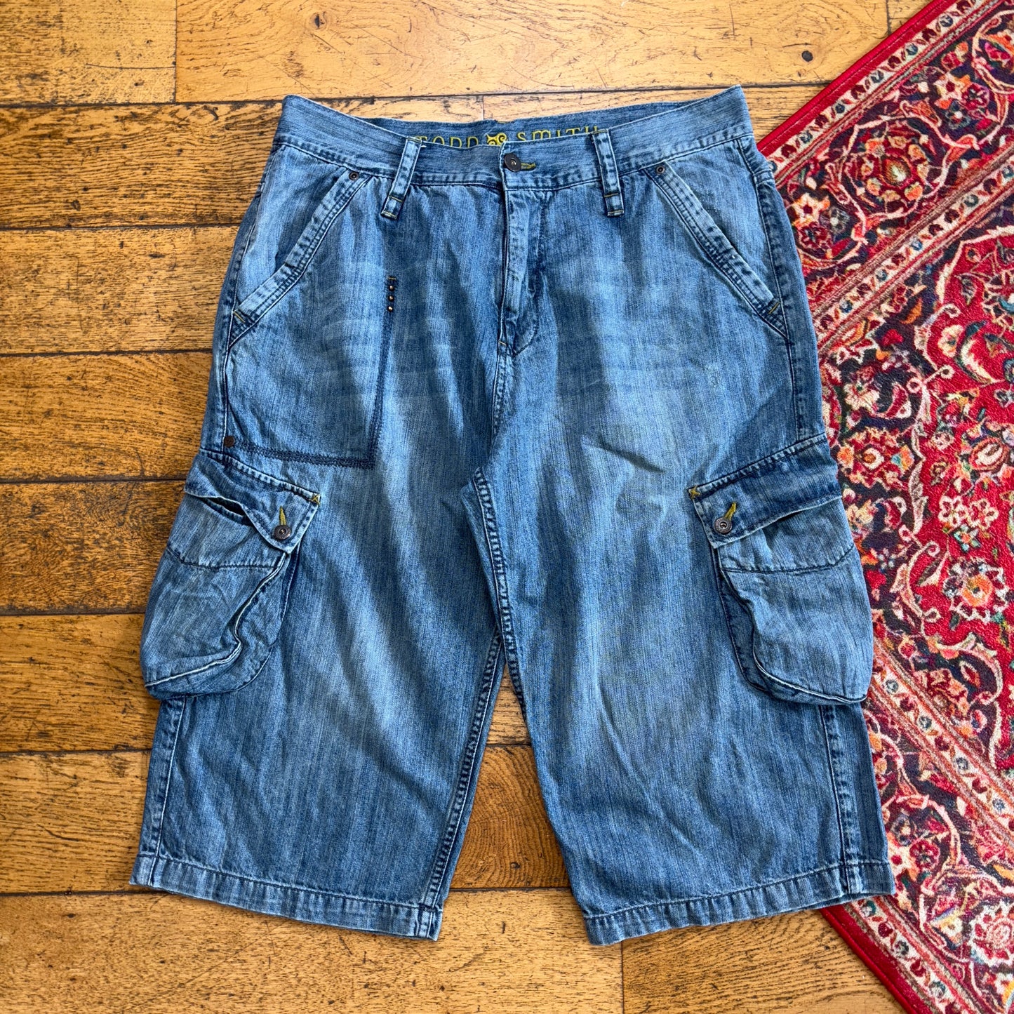 Vintage Blue Cargo Embroidered Y2K Hip Hop Jeans Shorts Jorts - 36