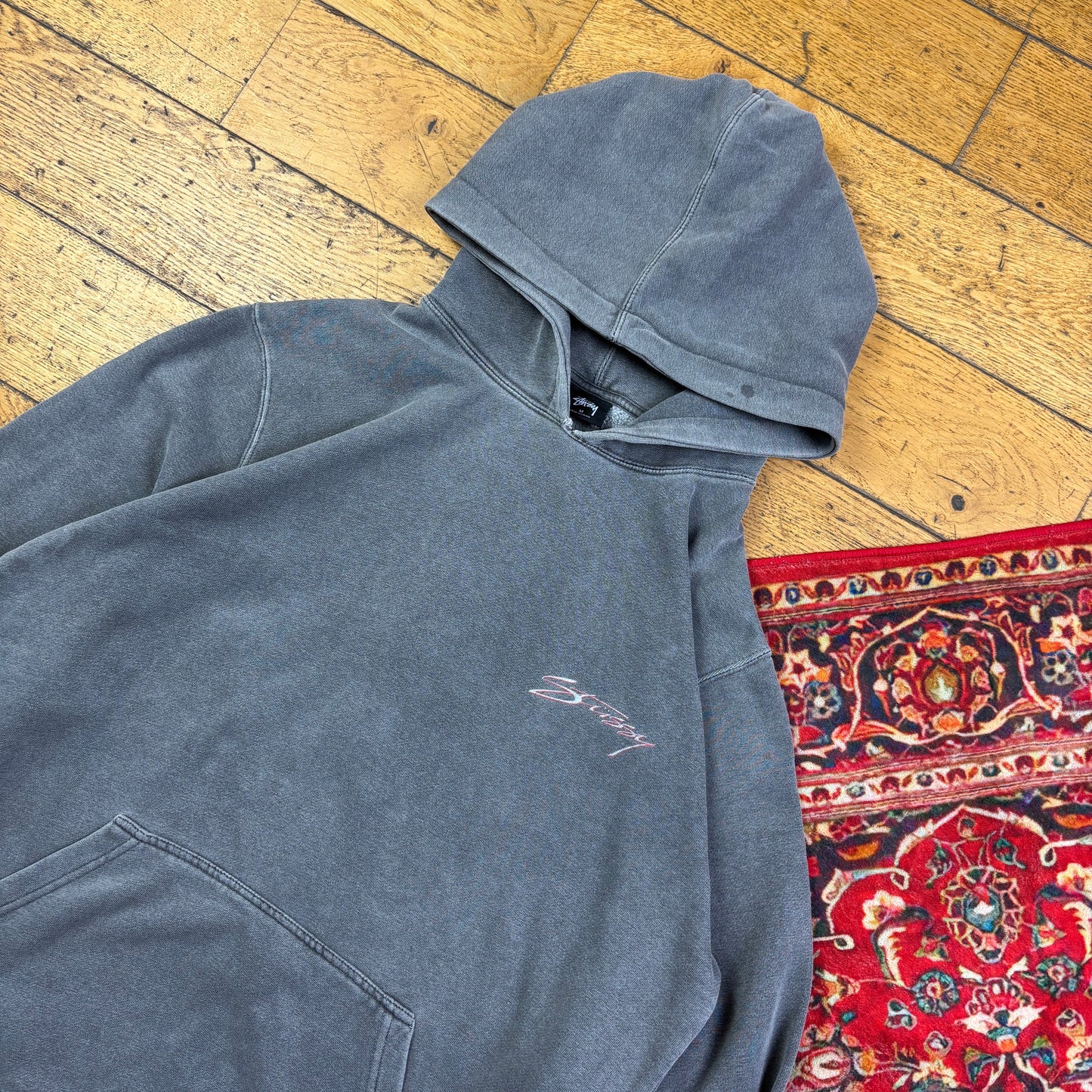 Vintage Stussy Grey Hoodie Sweatshirt - L