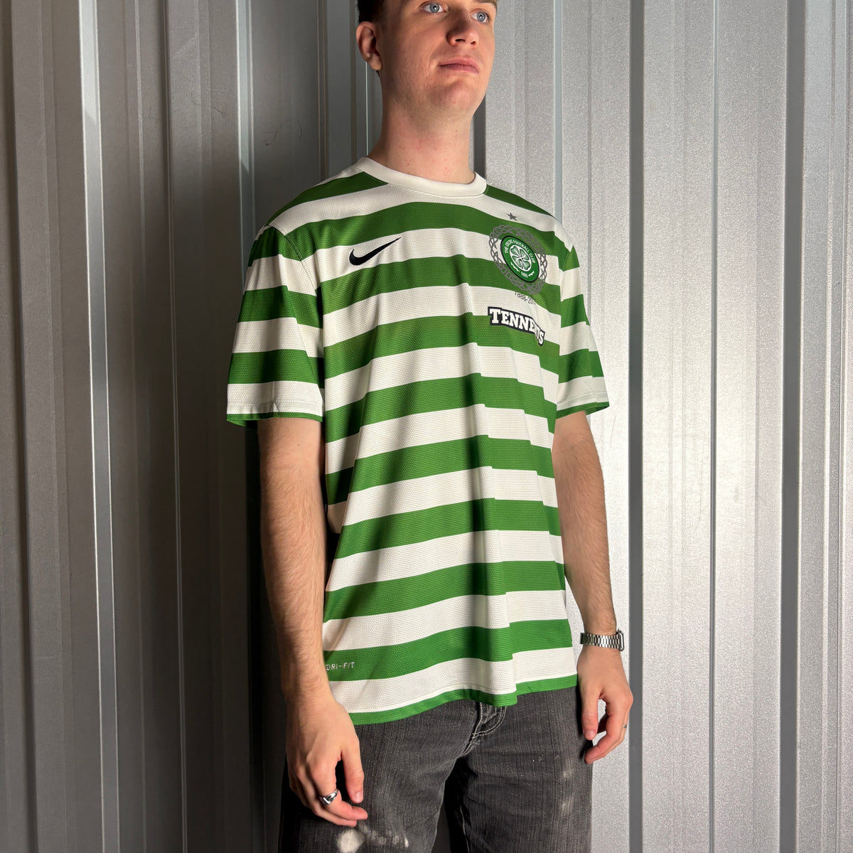 Celtic 2013 Green White Nike Stripe Tennents Football Shirt - XL