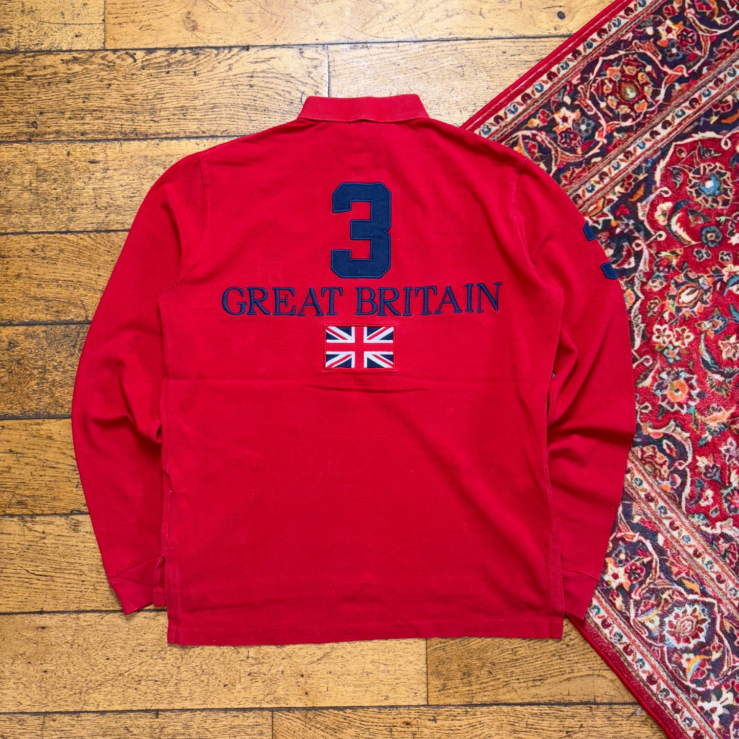 Vintage Ralph Lauren Red Great Britain Embroidered Polo Rugby Shirt - M