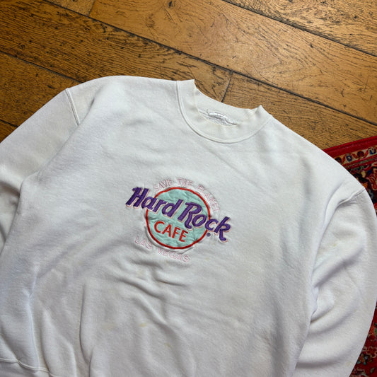 Vintage 90s Hard Rock Cafe White Embroidered Sweatshirt - XL