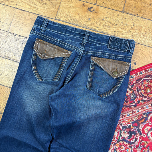 Vintage Blue Embroidered Y2K Hip Hop Baggy Jeans - 38