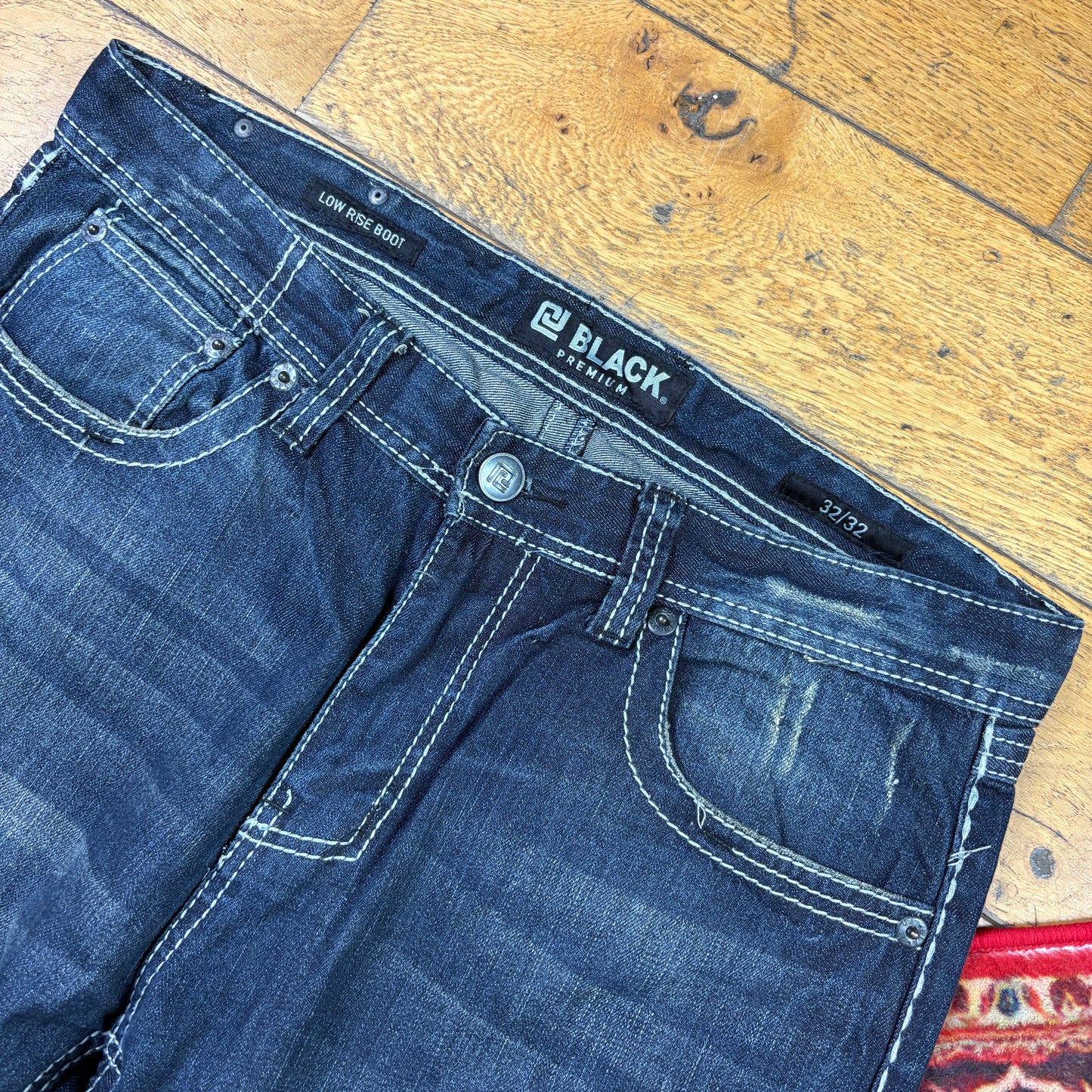 Vintage Blue Embroidered Y2K Hip Hop Bootcut Baggy Jeans - 38