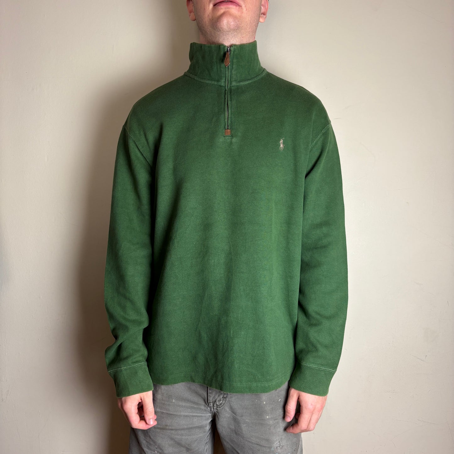Vintage Ralph Lauren Green Quarter Zip Chunky Knit Jumper - XL