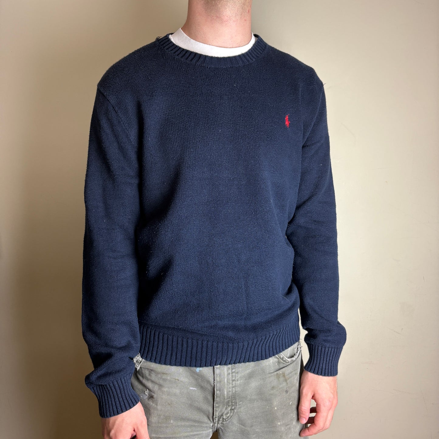 Vintage Ralph Lauren Navy Chunky Knit Crewneck Jumper - L