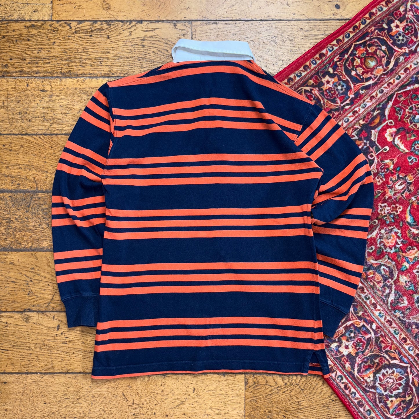 Vintage Polo Sport Ralph Lauren Orange Navy Stripe Rugby Polo Shirt - XS