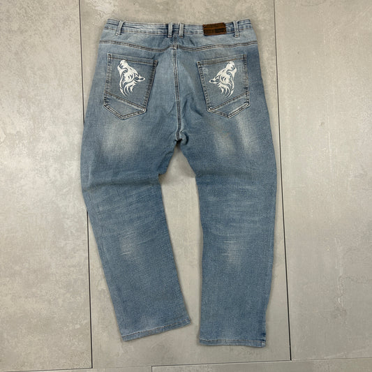 Vintage Wolf Embroidered Baggy Straight Light Blue Japanese Denim Jeans - 34