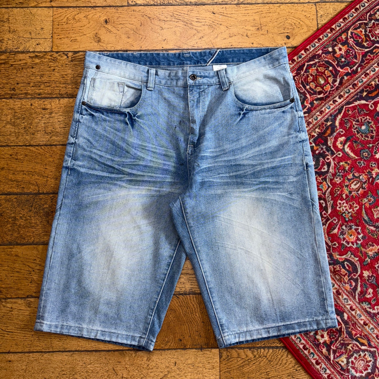 Vintage Blue Embroidered Y2K Hip Hop Baggy Jeans Shorts Jorts - 42
