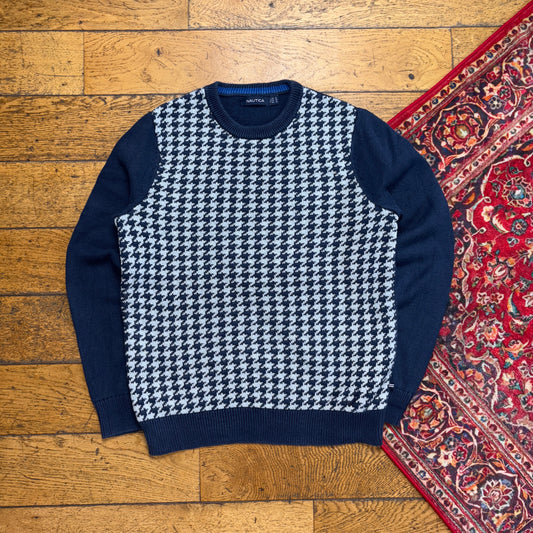 Vintage Nautica Navy Funky Check Embroidered Knit Jumper - S