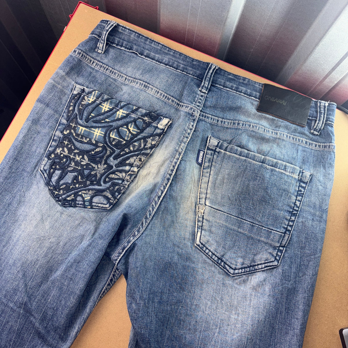Embroidered Oniarai Blue Grunge Japanese Denim Hip Hop Y2K Baggy Jeans - 34S