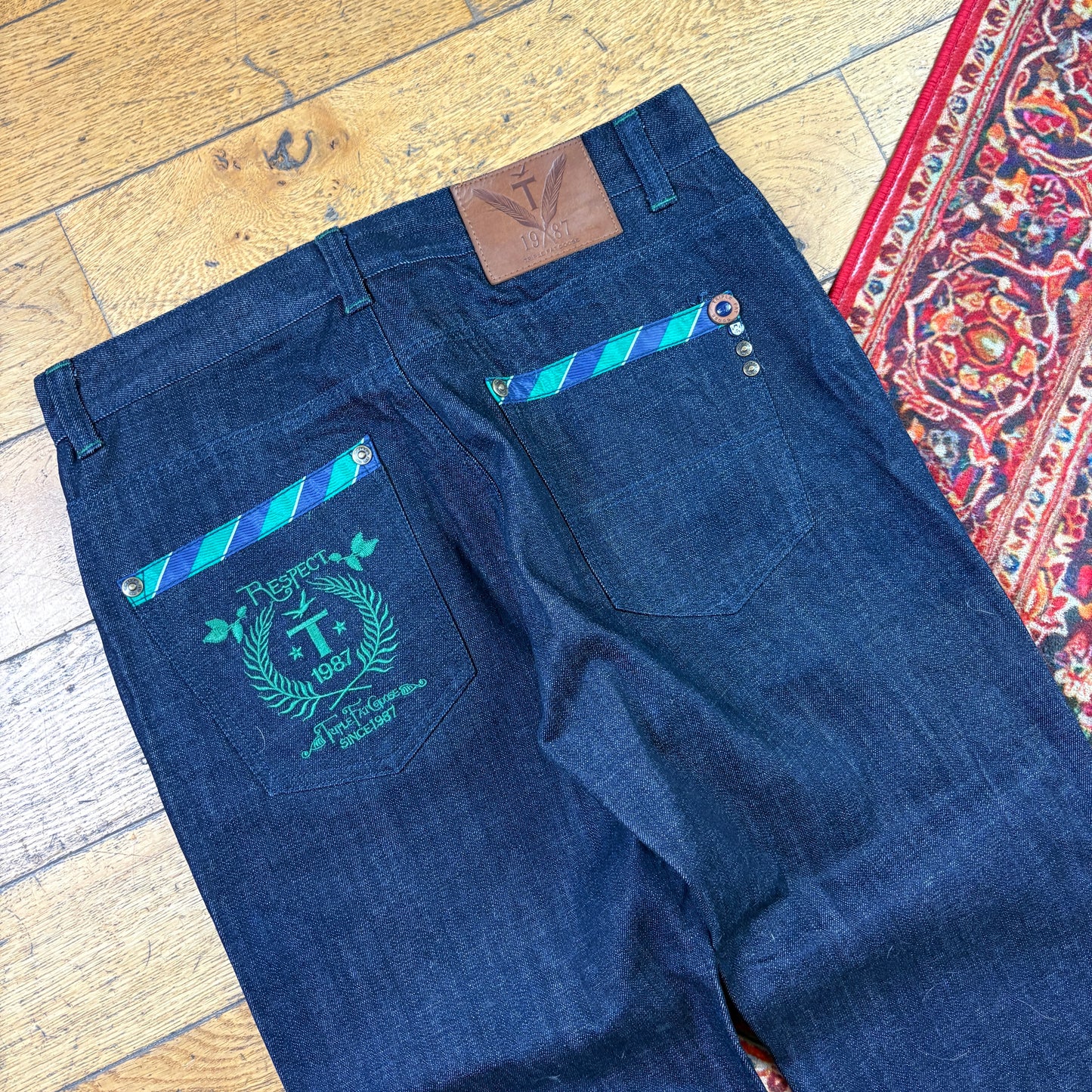 Vintage Raw Denim Blue Embroidered Y2K Hip Hop Baggy Jeans - 36