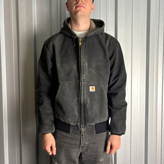 Vintage Carhartt Active Jacket Fleece Lined Workwear Hoodie Black - L