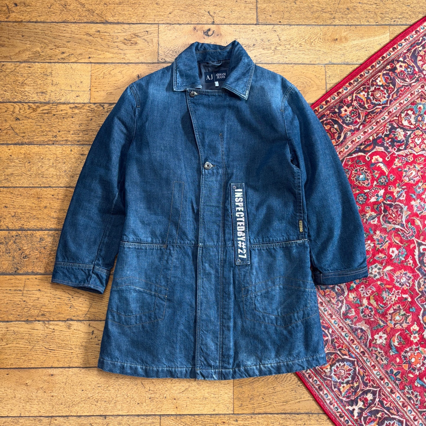 Vintage Armani Jeans Blue Denim Overcoat Chore Parka Workwear Trench Jacket - S