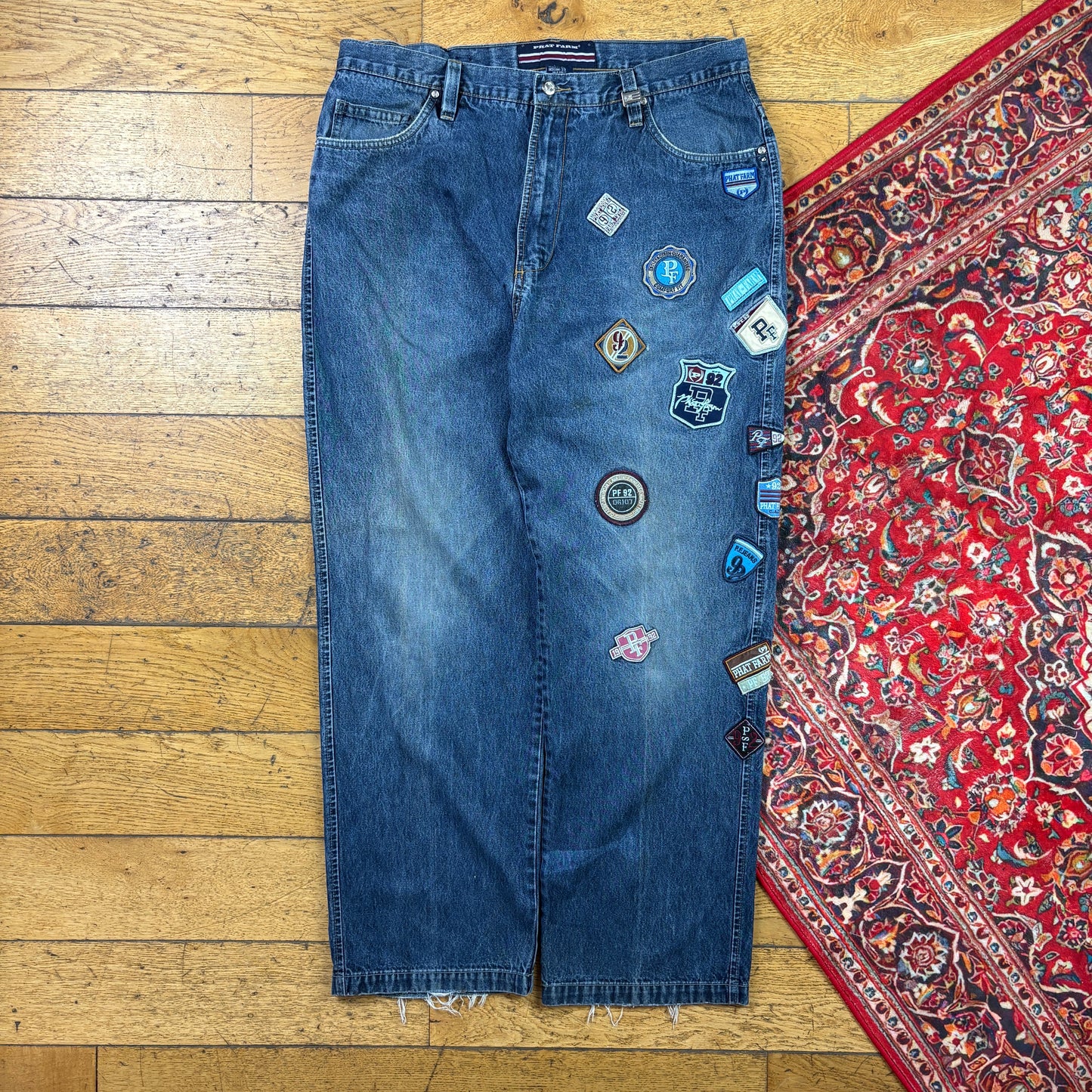 Vintage Phat Farm Blue Patchwork Embroidered Y2K Hip Hop Baggy Jeans - 38