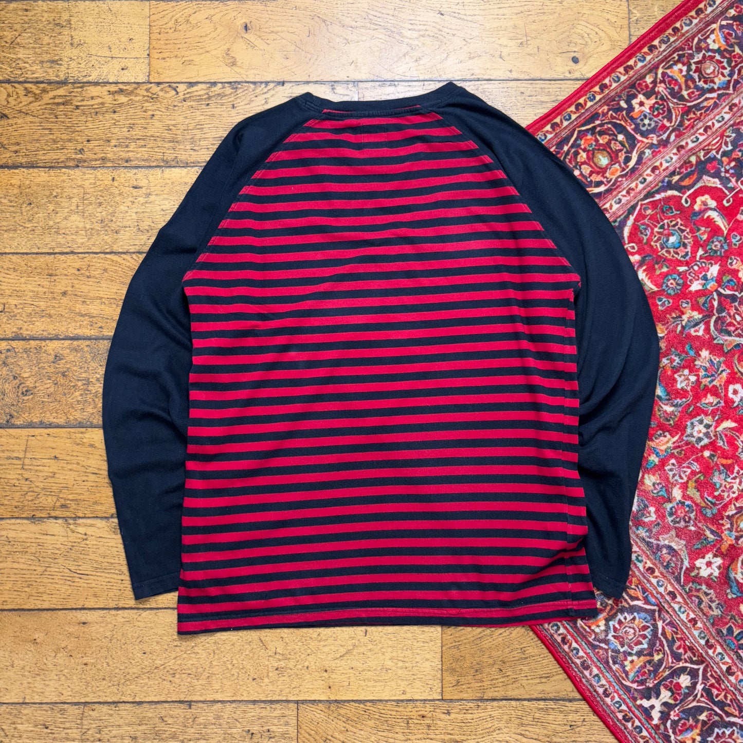 Vintage Stussy Red Black Stripe Long Sleeve Graphic T-Shirt - L