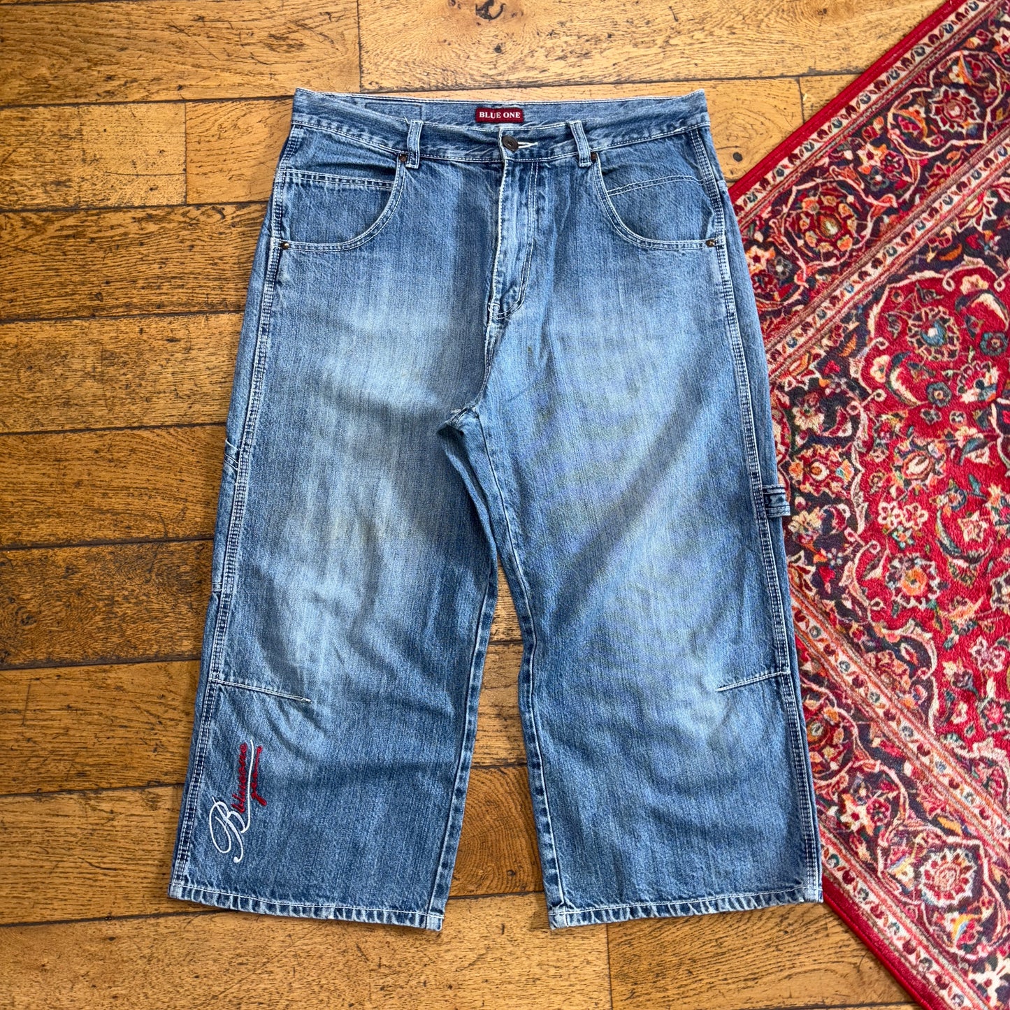 Vintage Blue Embroidered Y2K Hip Hop Baggy Jeans Shorts Jorts - 36