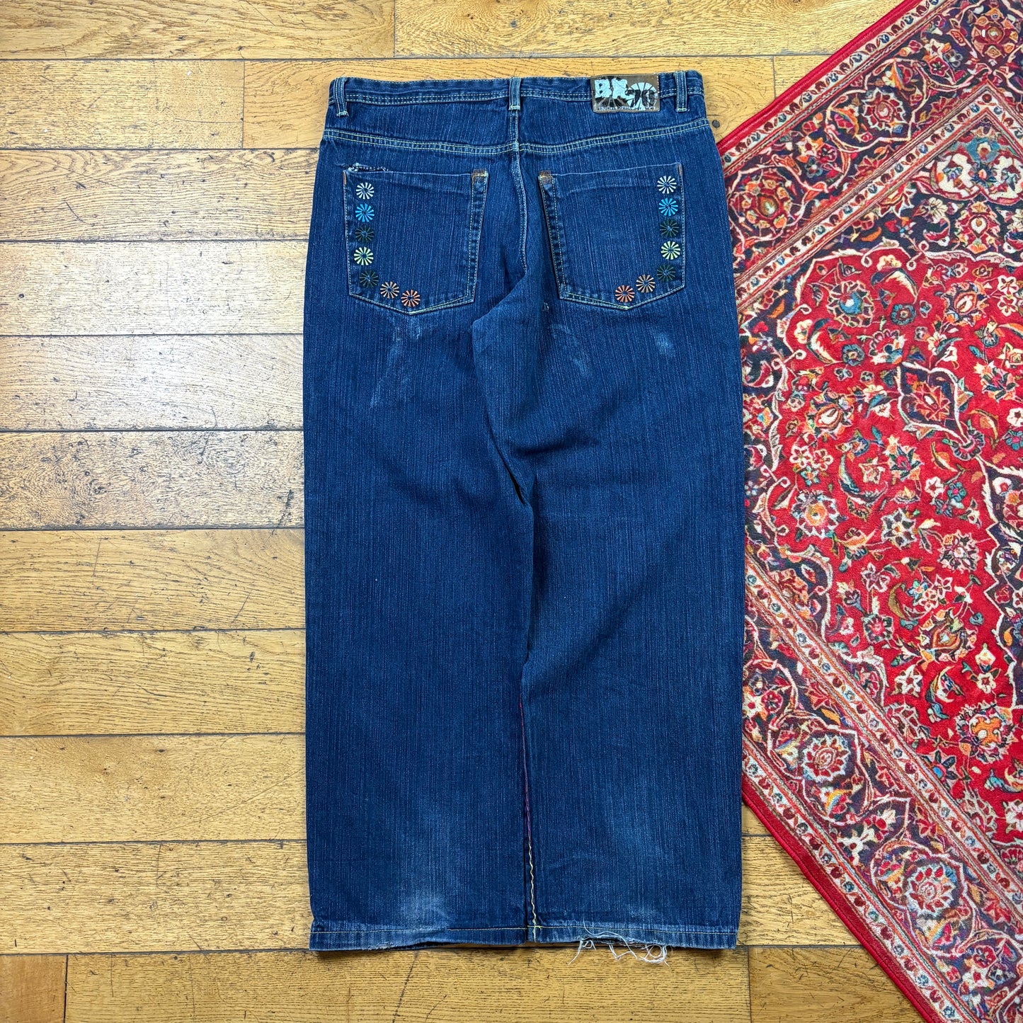 Vintage Floral Blue Embroidered Y2K Hip Hop Baggy Jeans - 38