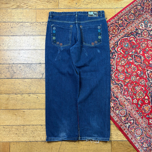 Vintage Floral Blue Embroidered Y2K Hip Hop Baggy Jeans - 38
