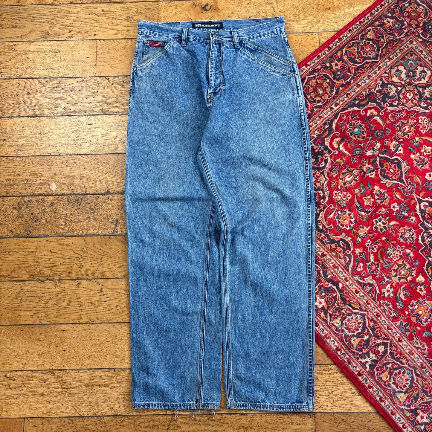 Vintage DrunknMunky Blue Carpenter Embroidered Y2K Hip Hop Baggy Jeans - 36