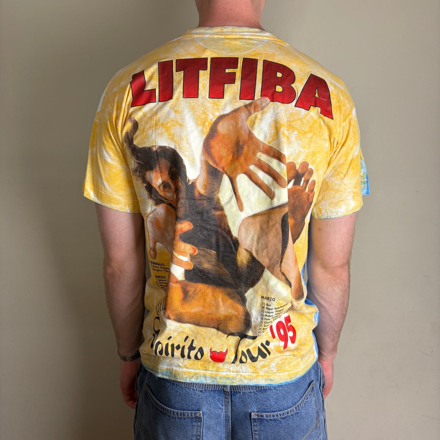 Vintage 1995 Litfiba Blue Tie Dye Band Tee Single Stitch Graphic T-Shirt -