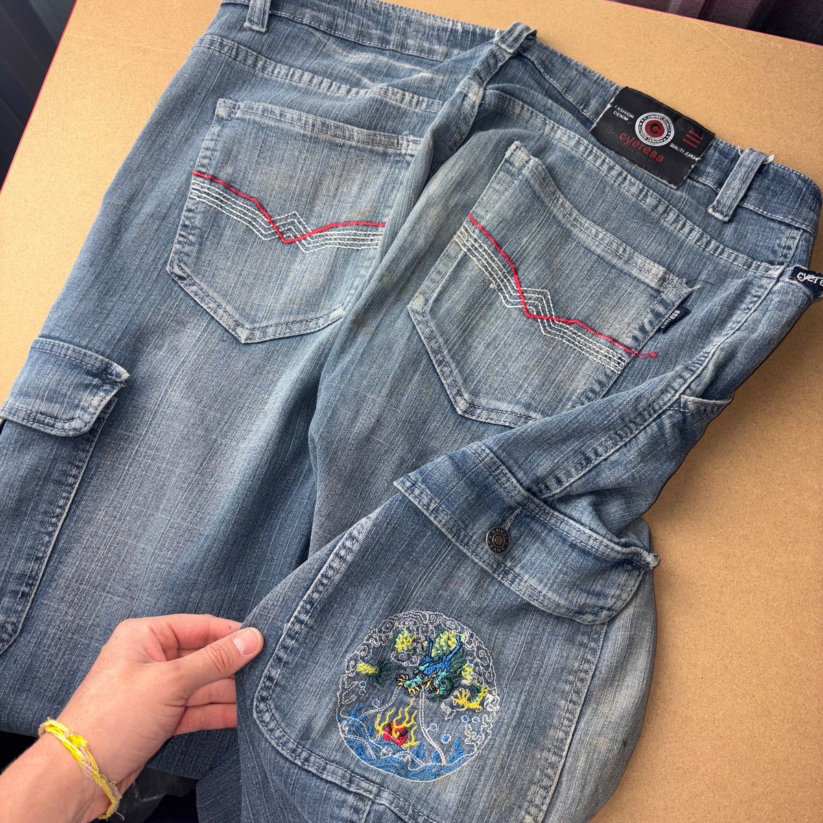 Embroidered Blue Dragon Japanese Denim Hip Hop Y2K Baggy Jeans - 36R
