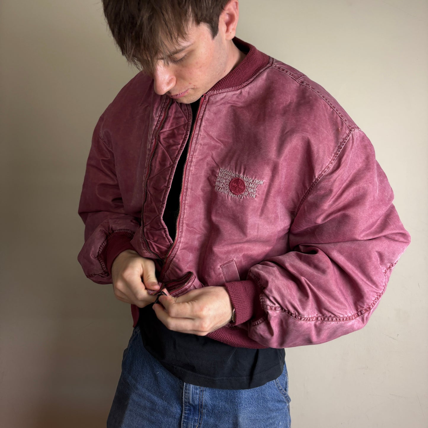 Vintage Pink Burgundy Embroidered Bomber Jacket - XL