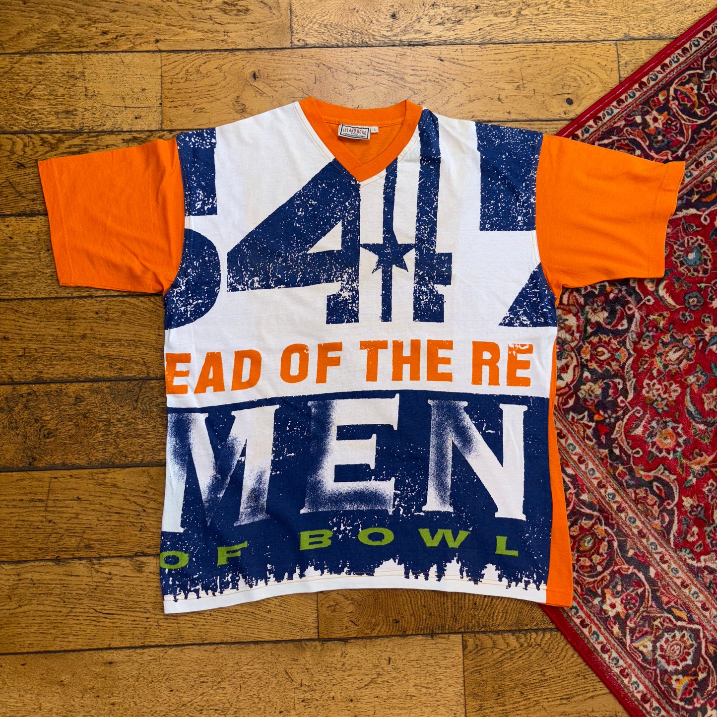 Vintage All Over Print Orange Blue White Graphic T-Shirt - L