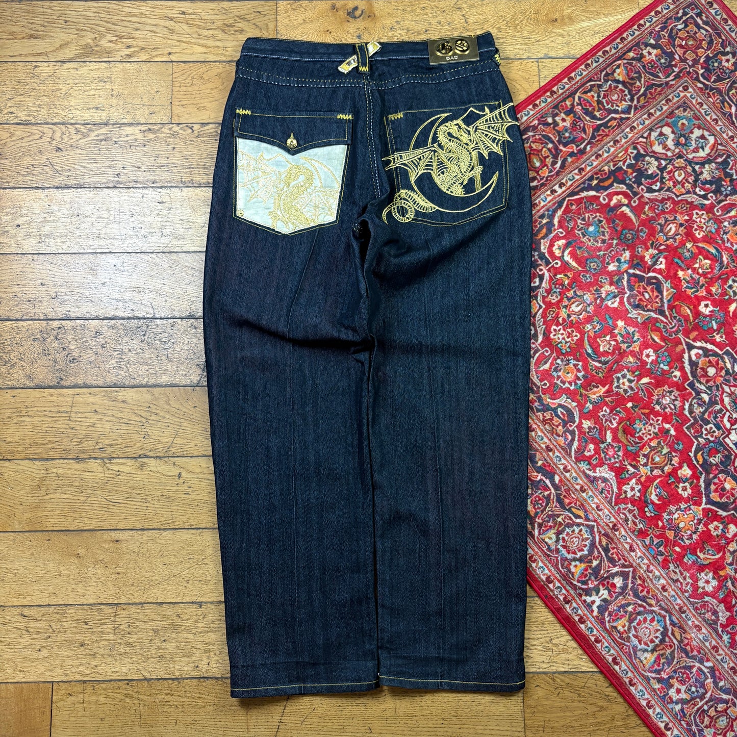 Vintage Gao Black Dragon Embroidered Y2K Hip Hop Baggy Jeans - 38