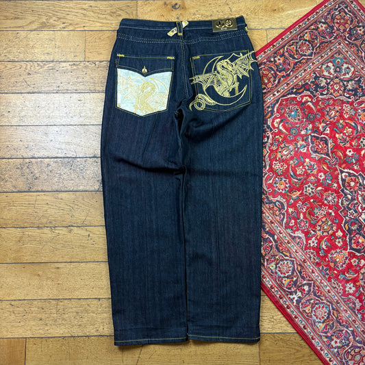 Vintage Gao Black Dragon Embroidered Y2K Hip Hop Baggy Jeans - 38