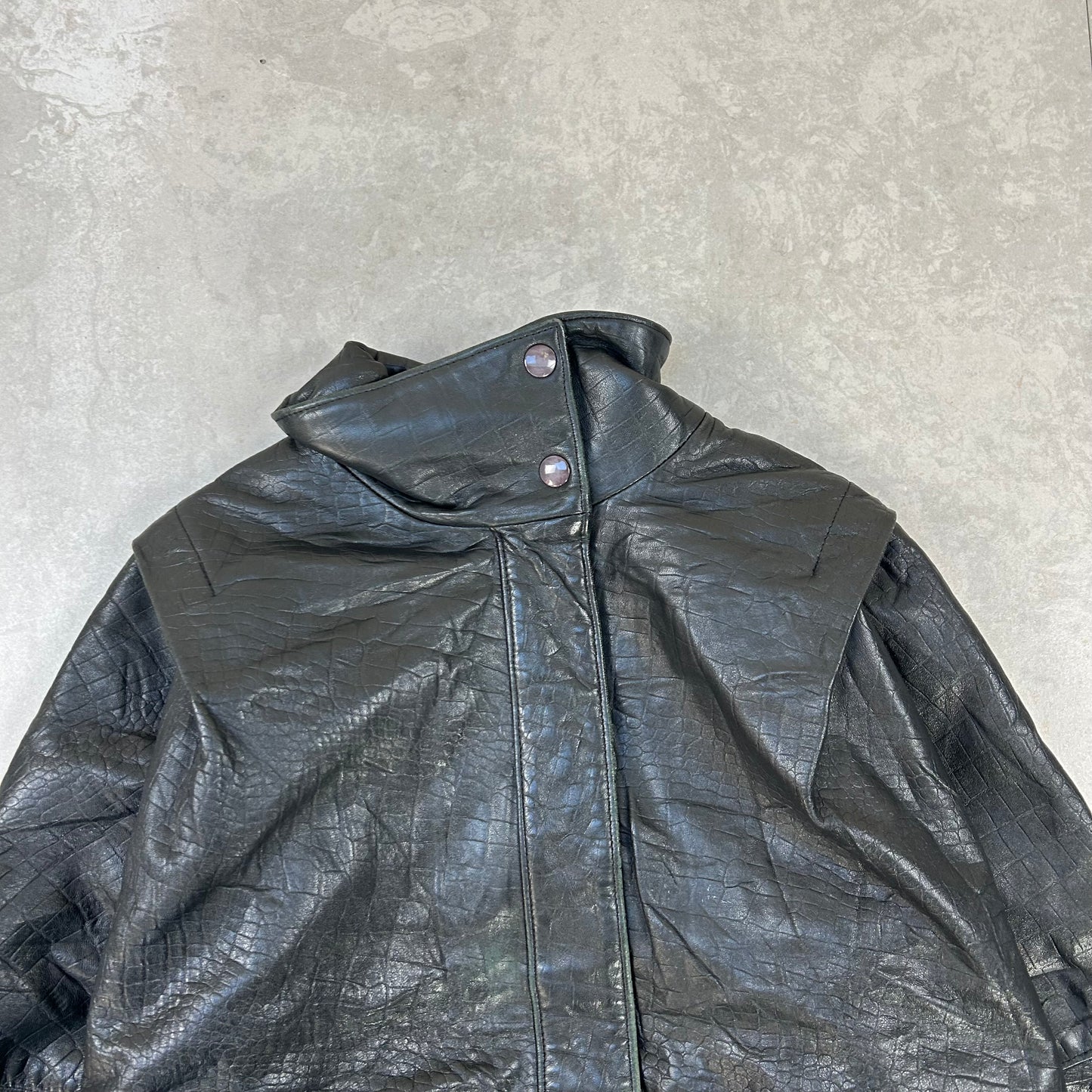 Vintage Black Leather Boxy Cropped Bomber Jacket - Large