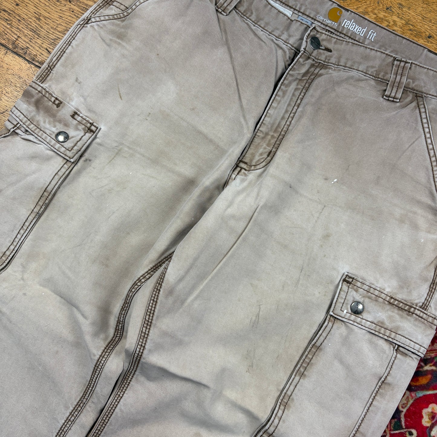 Vintage Carhartt Brown Cream Cargo Workwear Carpenter Baggy Trousers - 38