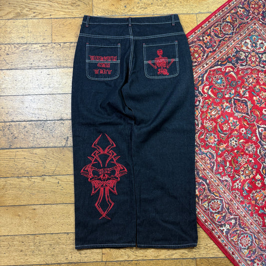 Vintage Black Embroidered Y2K Hip Hop Baggy Jeans - 36