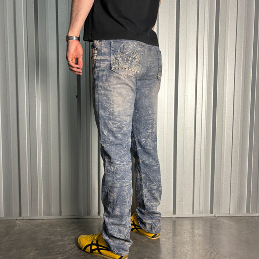 Embroidered Blue Japanese Denim Hip Hop Y2K Baggy Jeans - 34L